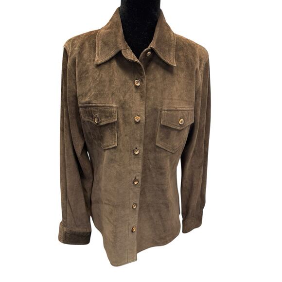 GAP Genuine Leather Suede Shirt Jacket Brown Button Front Utility Pockets sz L - Picture 2 of 10